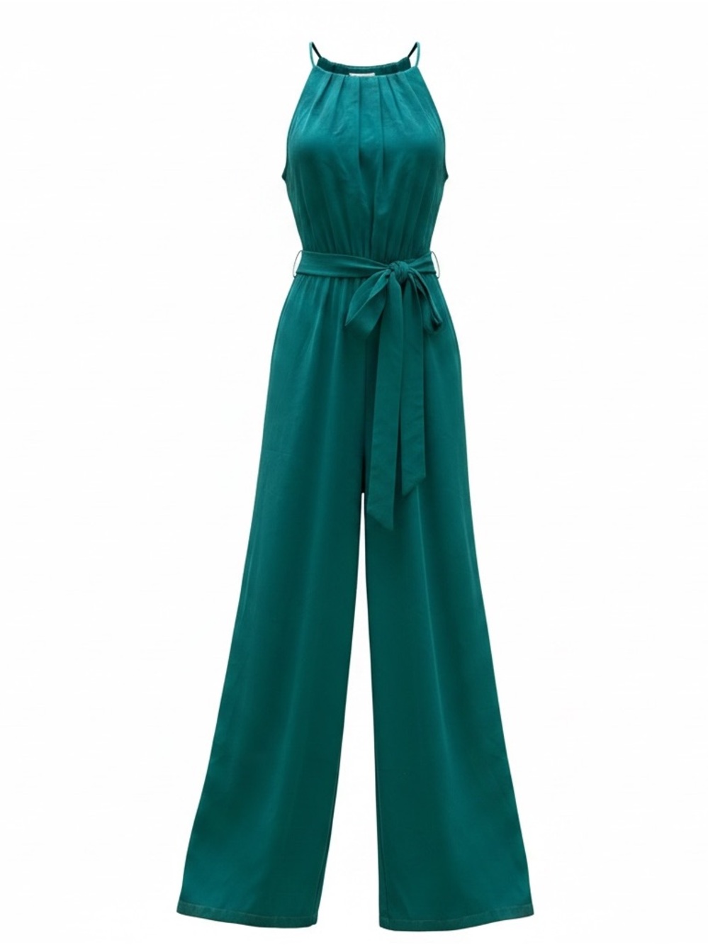Teal Halter Neck Wide-Leg Jumpsuit with Waist Tie- fully lined.